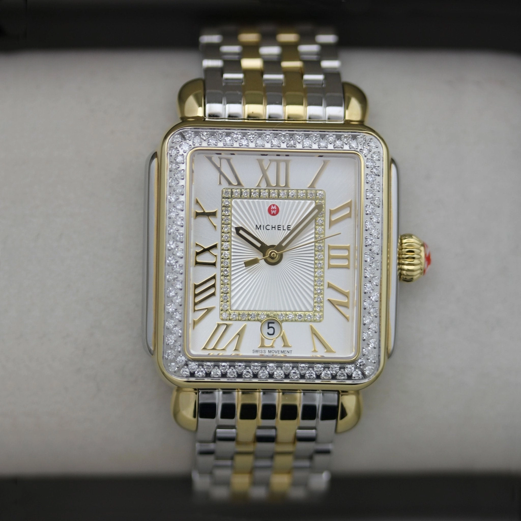 Michele Deco Madison Two-Tone Steel Diamonds Silver Dial Date Rectangle Womens Watch MWW06T000144