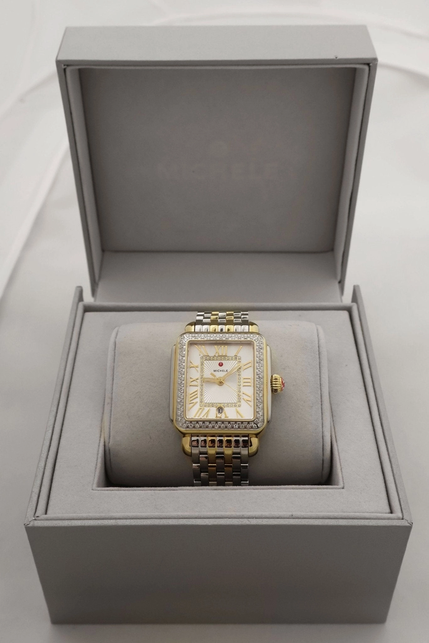 Michele Deco Madison Two-Tone Steel Diamonds Silver Dial Date Rectangle Womens Watch MWW06T000144