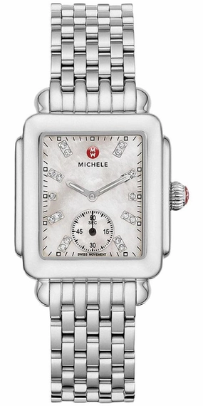Michele Deco Mid Stainless Steel Mother-of-Pearl Dial Diamond Rectangle Womens Watch MWW06V000002