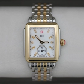 Michele Deco Mid Two-Tone Steel Diamond Mother of Pearl Dial Rectangle Womens Watch MWW06V000042