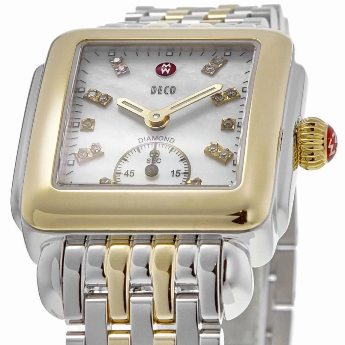 Michele Deco Mid Two-Tone Steel Diamond Mother of Pearl Dial Rectangle Womens Watch MWW06V000042