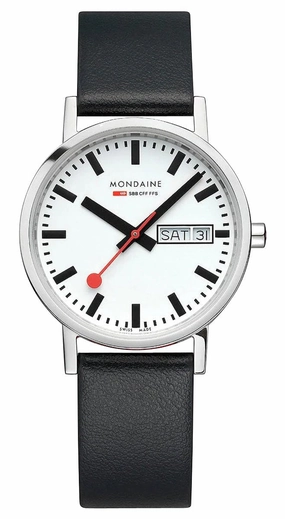Mondaine Classic Stainless Steel White Dial Black Vegan Leather Strap Day/Date Quartz Unisex Watch A667.30314.11SBB