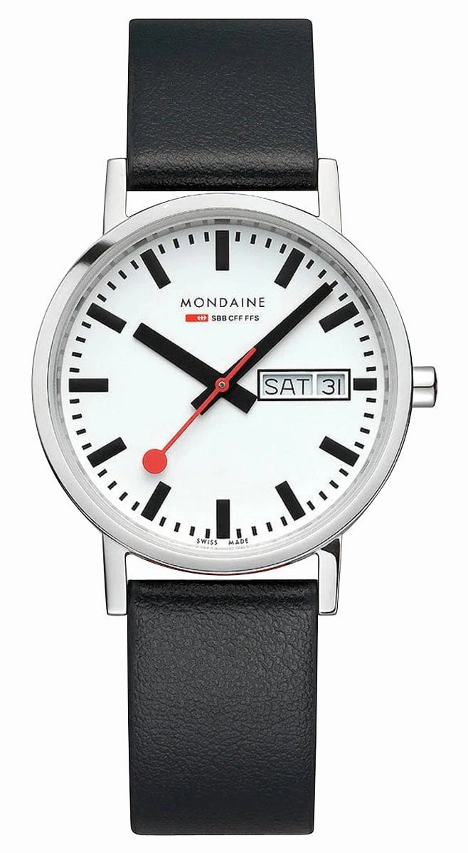 Mondaine Classic Stainless Steel White Dial Black Vegan Leather Strap Day/Date Quartz Unisex Watch A667.30314.11SBB