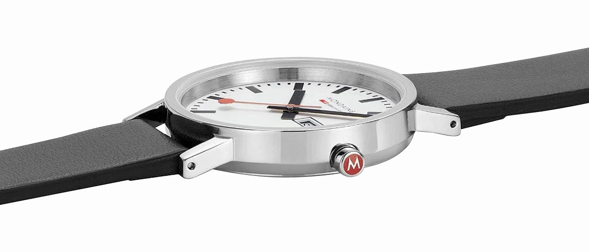 Mondaine Classic Stainless Steel White Dial Black Vegan Leather Strap Day/Date Quartz Unisex Watch A667.30314.11SBB