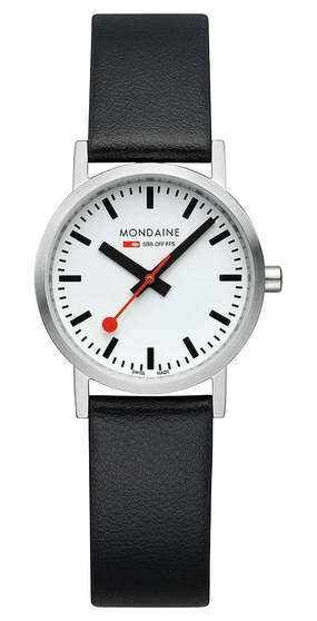 Mondaine Classic Stainless Steel White Dial Black Vegan Leather Strap Quartz Womens Watch A658.30323.16SBB