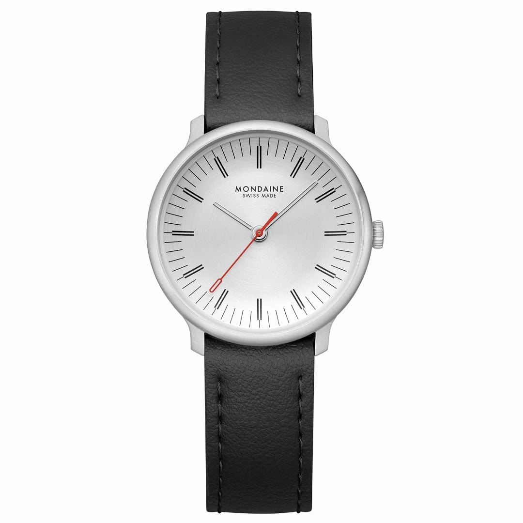 Mondaine Doppio White Dial Black Vegan Grape Leather Watch MLE.33110.LBV
