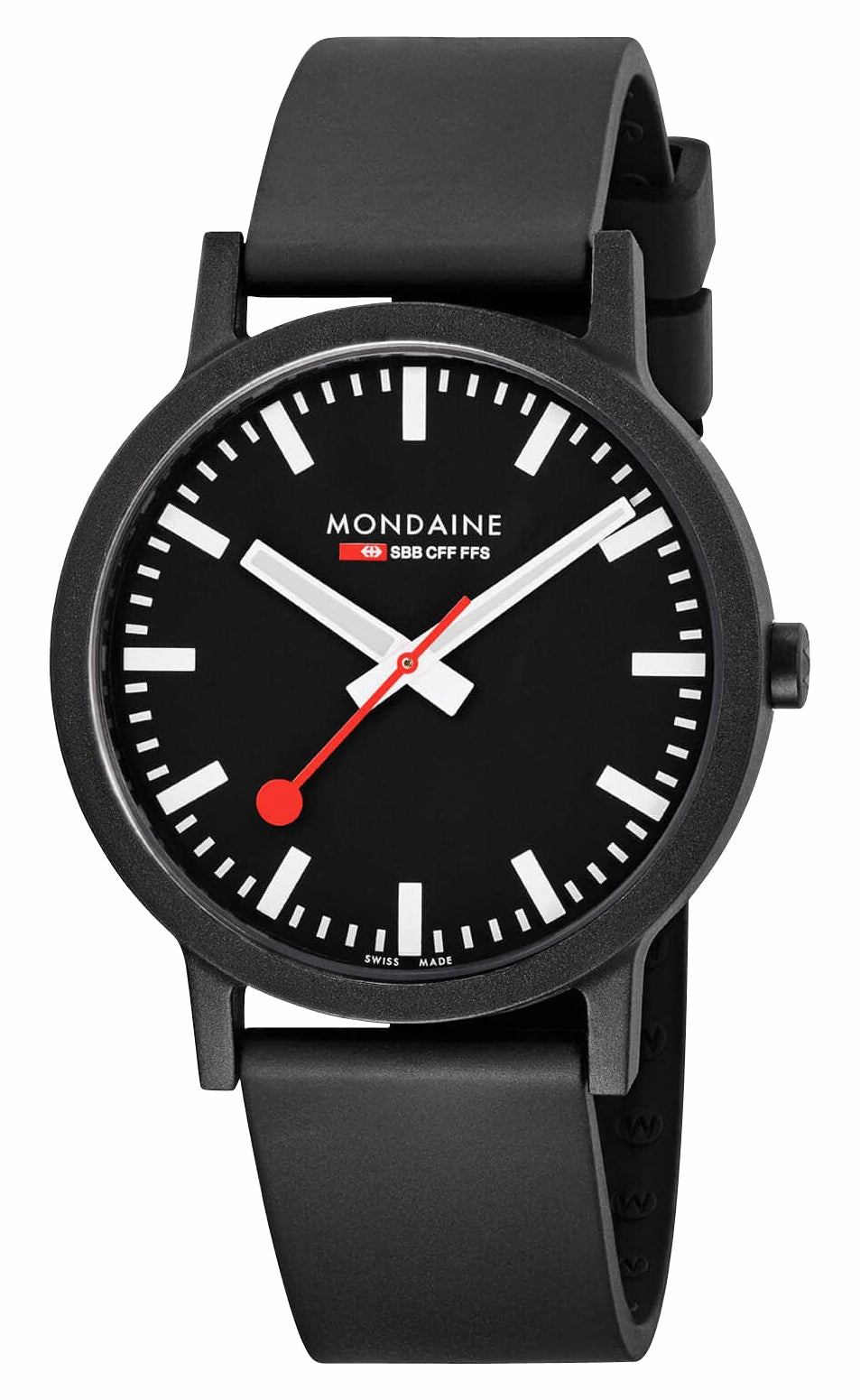 Mondaine Essence Renewable Material Black Dial Black Rubber Strap Interchangeable Gray Textile Strap Quartz Mens Watch MS1.41120.RB.SET