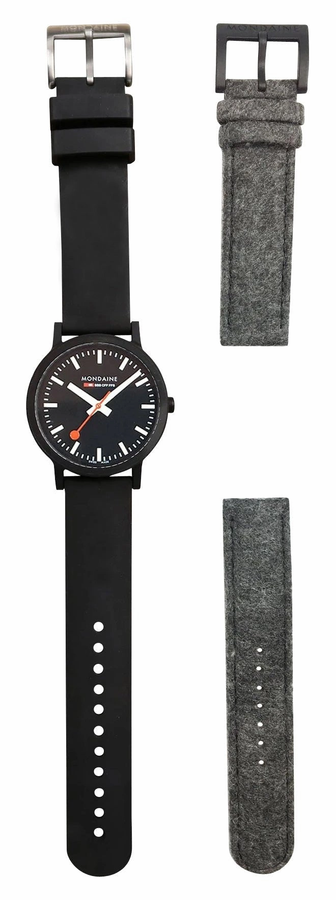 Mondaine Essence Renewable Material Black Dial Black Rubber Strap Interchangeable Gray Textile Strap Quartz Mens Watch MS1.41120.RB.SET