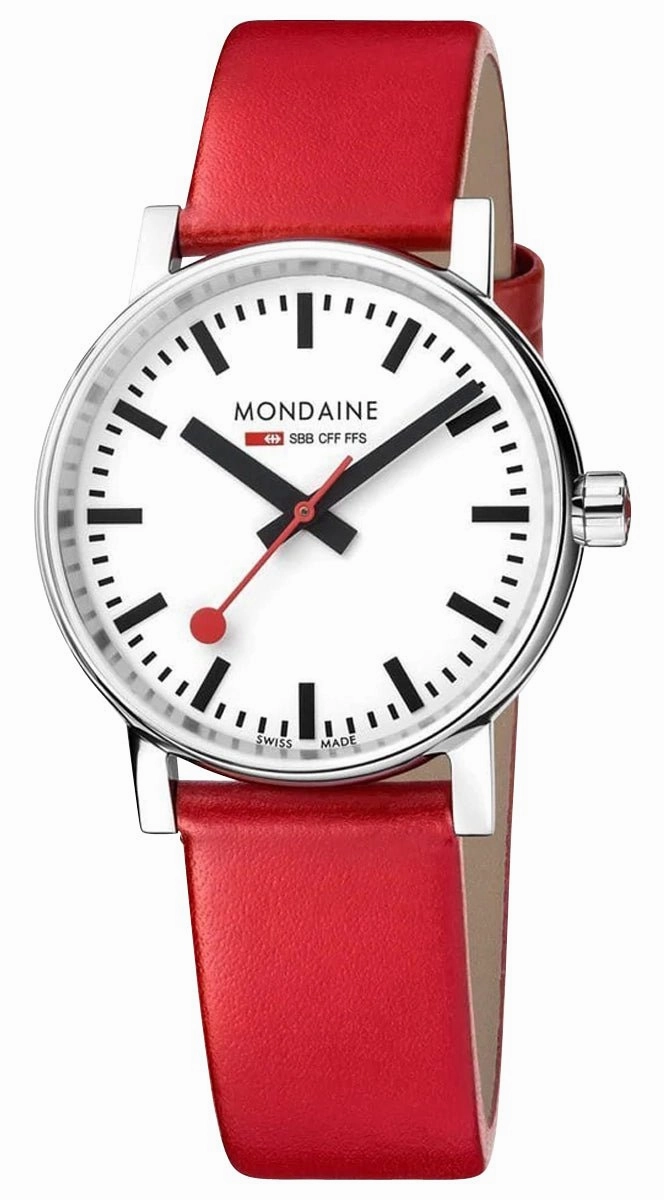 Mondaine EVO2 Stainless Steel White Dial Red Leather Strap Quartz Unisex Watch MSE.35110.LC