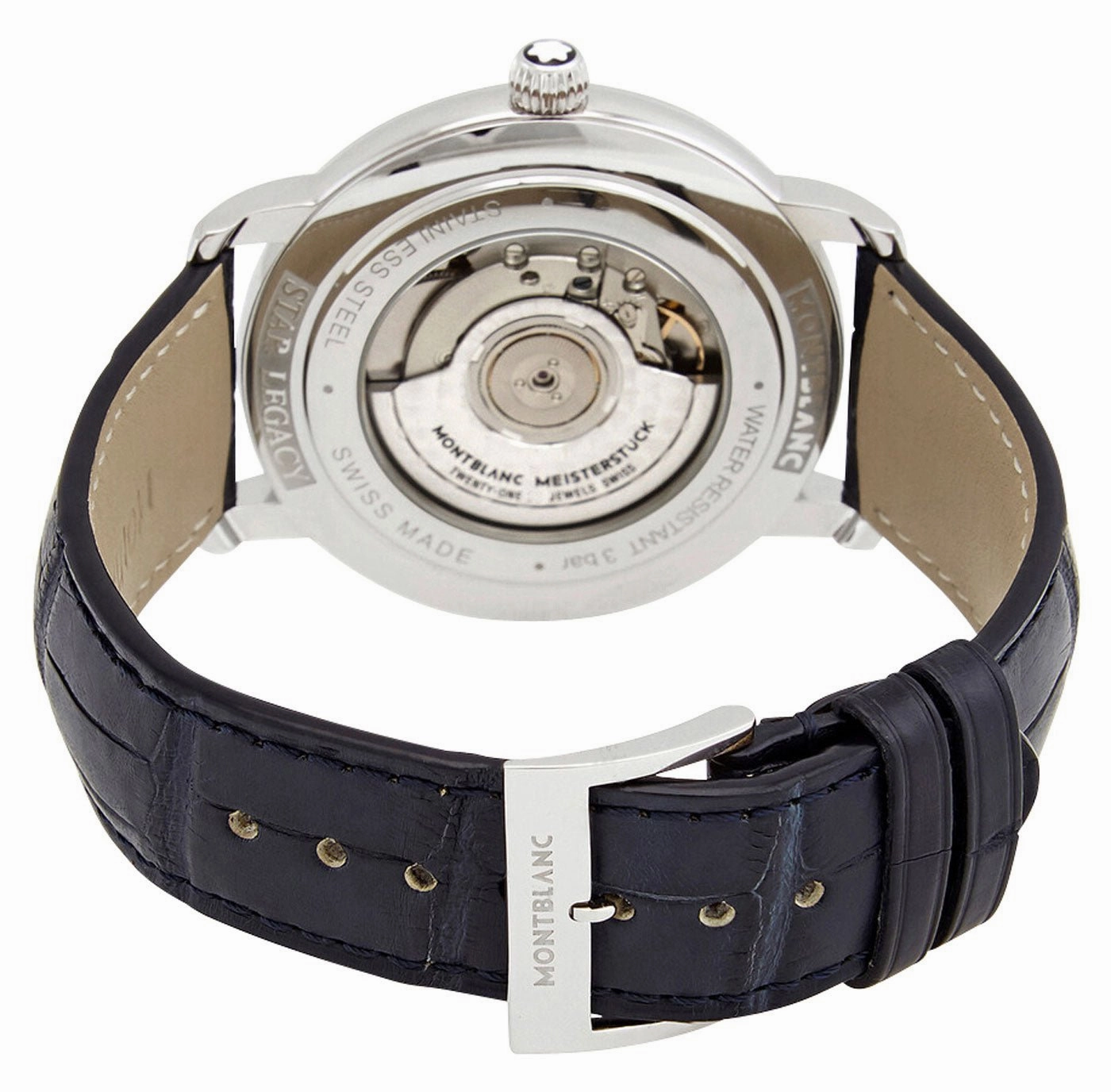 Montblanc Star Legacy Automatic Stainless Steel Silver Dial Blue Leather Strap Date Mens Watch 117575