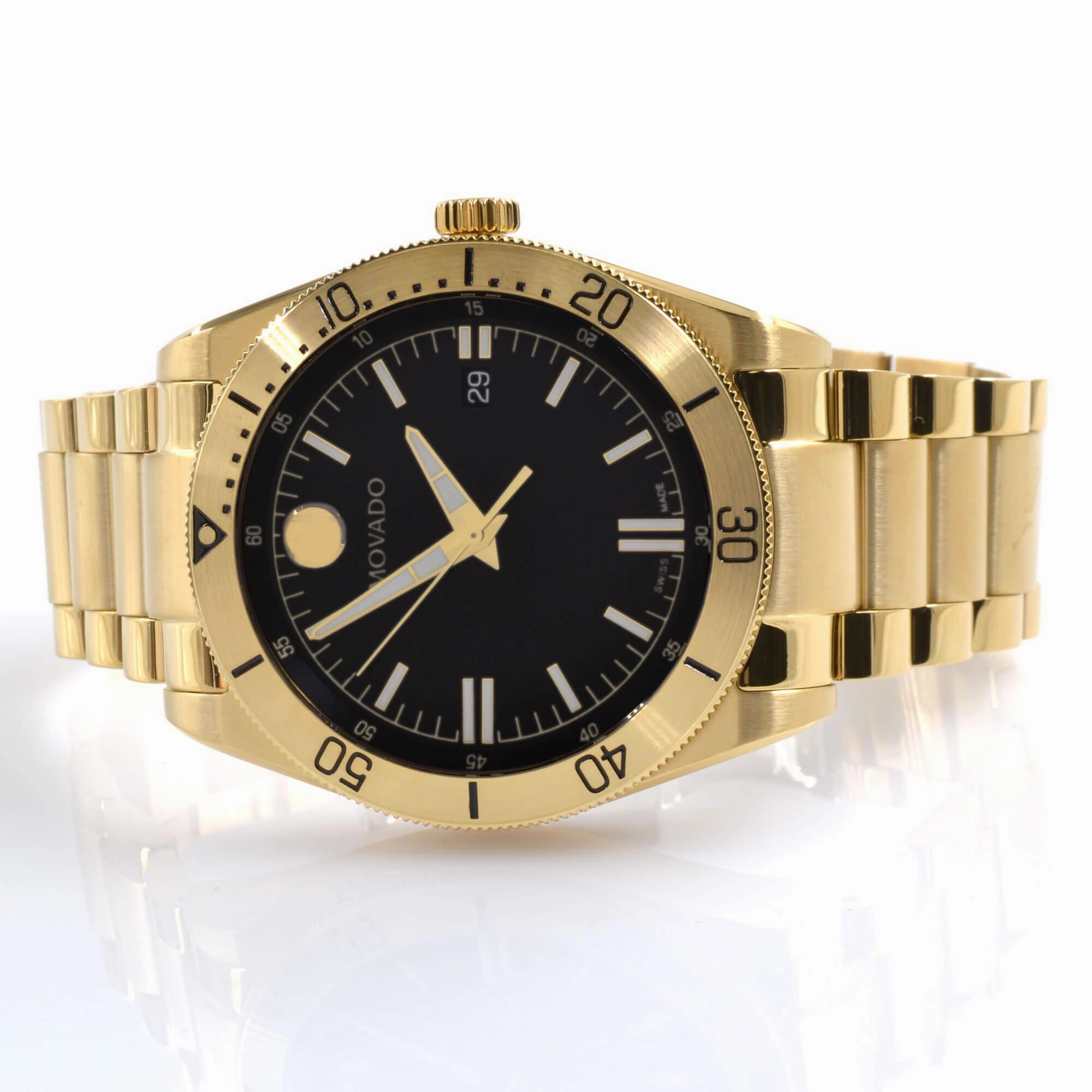 Movado Men's Quartz Watch - Sport Black Dial Yellow Gold Tone Bracelet | 0607436