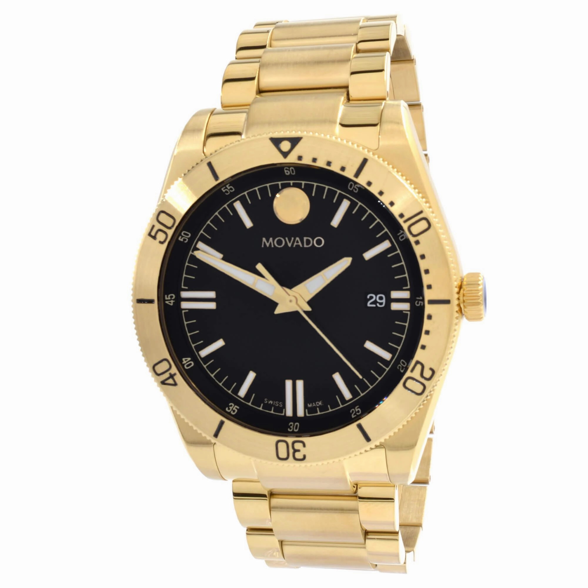 Movado Men's Quartz Watch - Sport Black Dial Yellow Gold Tone Bracelet | 0607436
