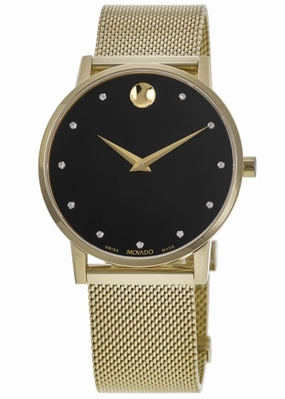 Movado Museum Classic Black Diamond Dial Gold Steel Men's Watch 0607512