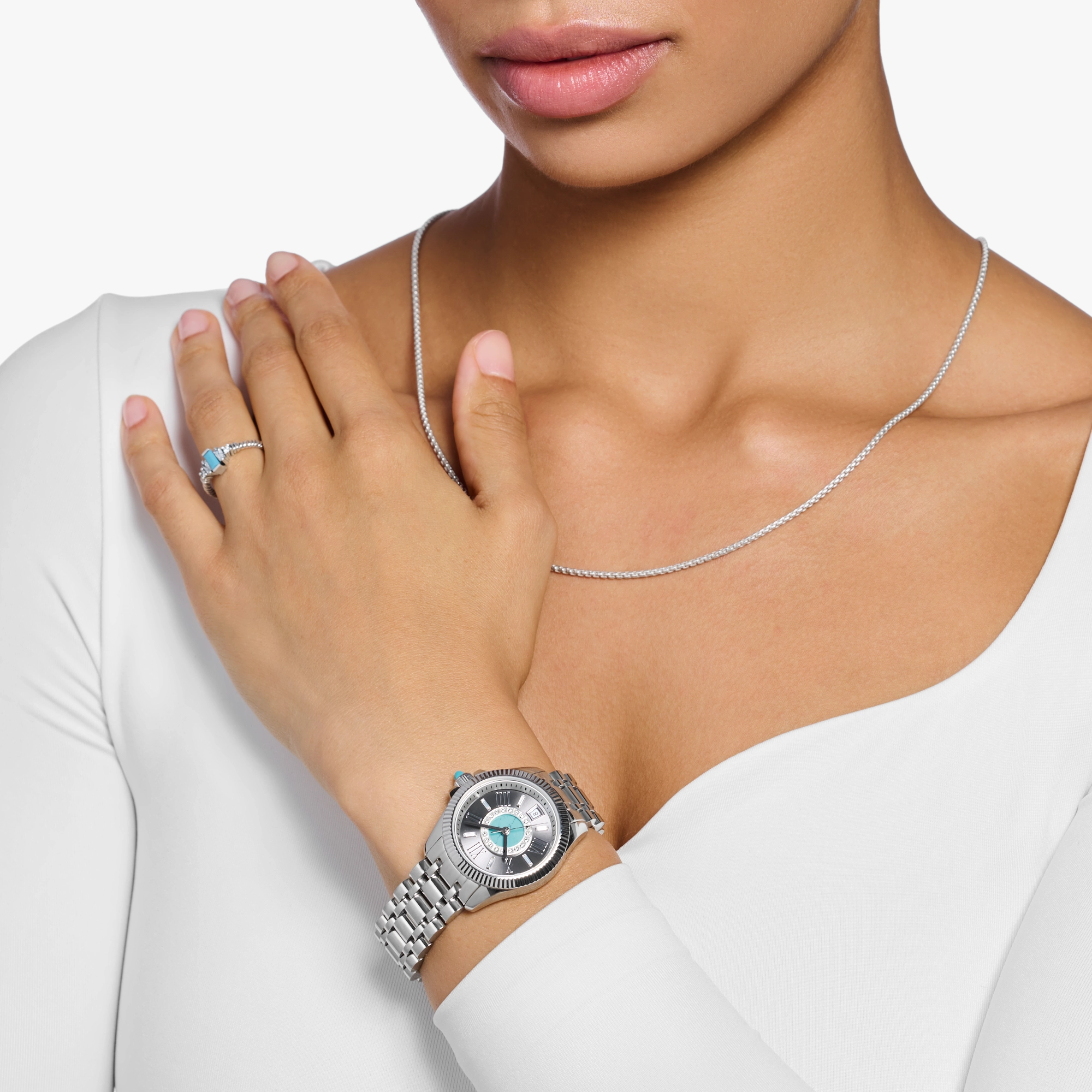 Mystic Island Watch with white stones and simulated turquoise silver