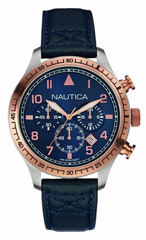 Nautica - Orologio Uomo Stainless Steel Case Blue Calfskin Mineral Men's Watch (NAI17500G)