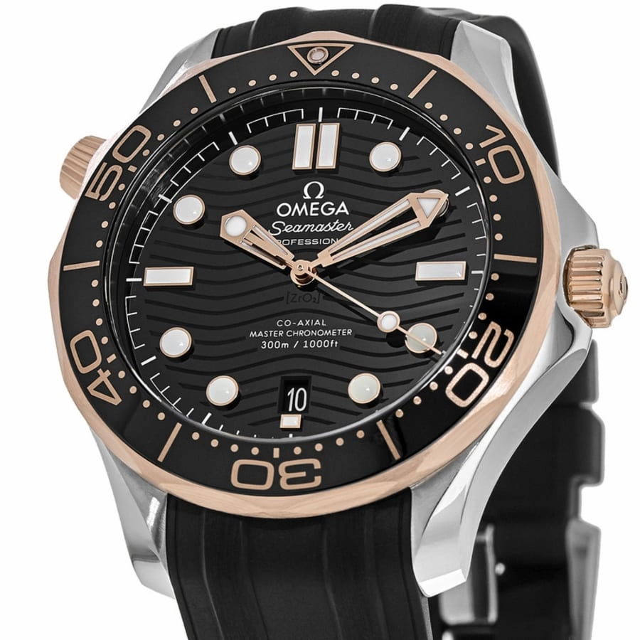 Omega Seamaster Diver 300M Sedna Gold & Steel Black Dial Rubber Strap Men's Watch 210.22.42.20.01.002