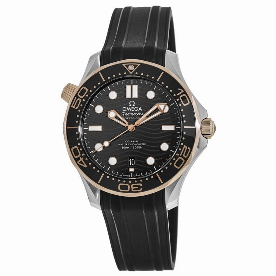 Omega Seamaster Diver 300M Sedna Gold & Steel Black Dial Rubber Strap Men's Watch 210.22.42.20.01.002