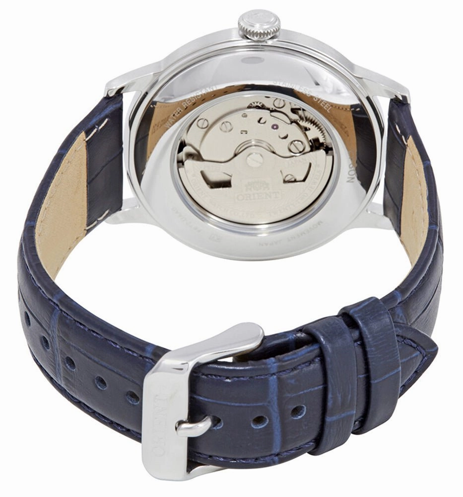 Orient Contemporary Classic Automatic Open Heart Blue Dial Blue Leather Strap Mens Watch RA-AG0005L10B