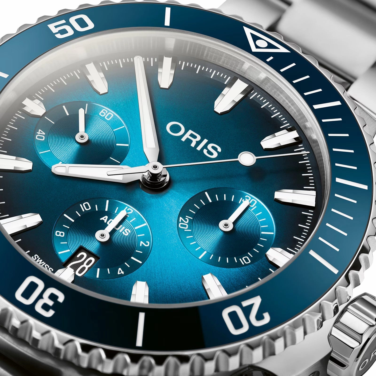 Oris Aquis Automatic Chronograph Stainless Steel Blue Dial Date Divers Mens Watch 771 7793 4155-07 8 23 01PEB
