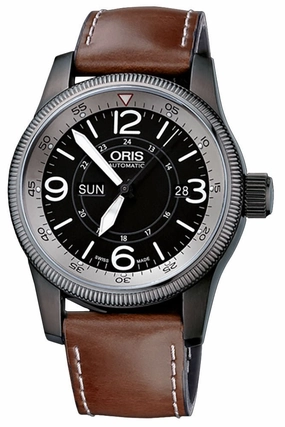 Oris Big Crown Timer Automatic Gray PVD Steel Black Dial Brown Leather Strap Day/Date Mens Watch 01 735 7660 4264-07 5 22 75