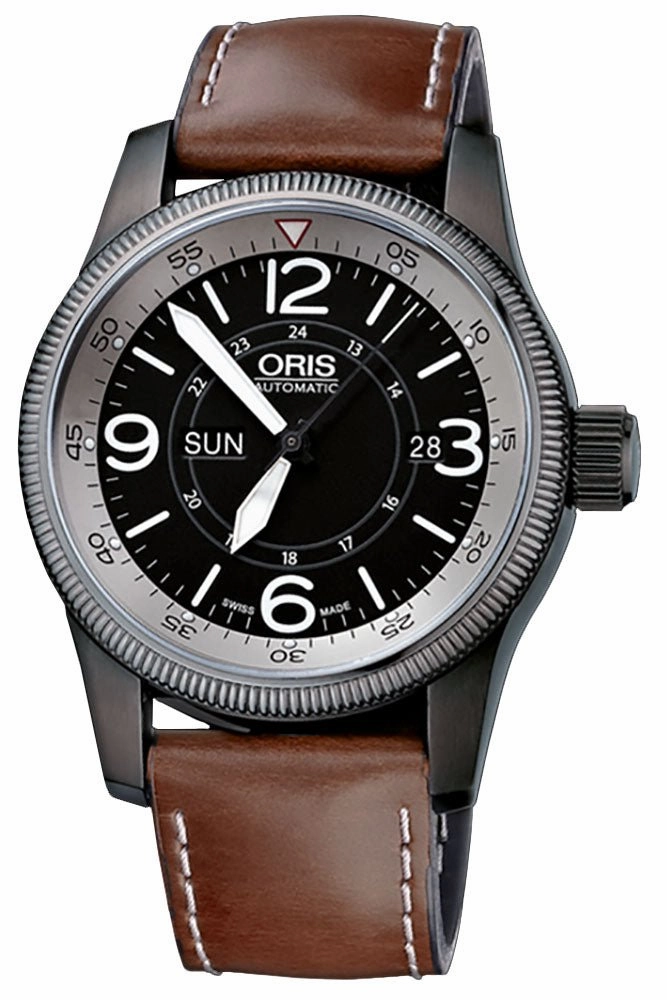 Oris Big Crown Timer Automatic Gray PVD Steel Black Dial Brown Leather Strap Day/Date Mens Watch 01 735 7660 4264-07 5 22 75
