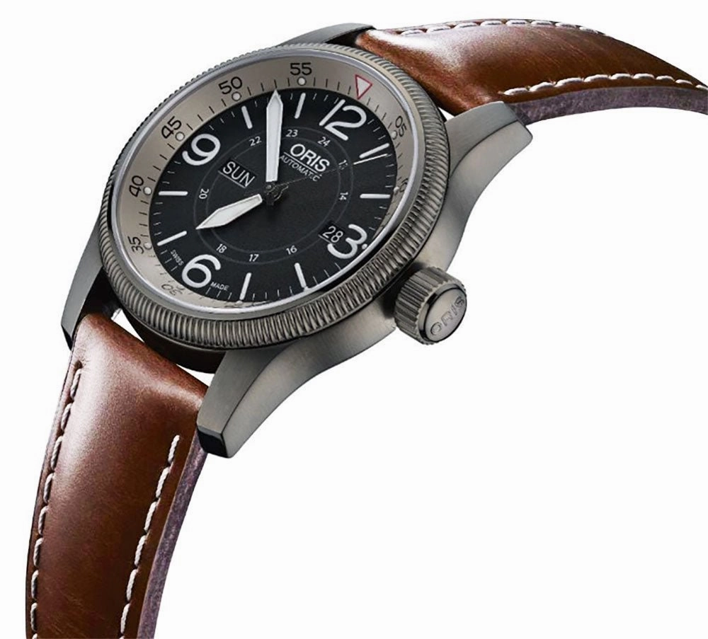 Oris Big Crown Timer Automatic Gray PVD Steel Black Dial Brown Leather Strap Day/Date Mens Watch 01 735 7660 4264-07 5 22 75