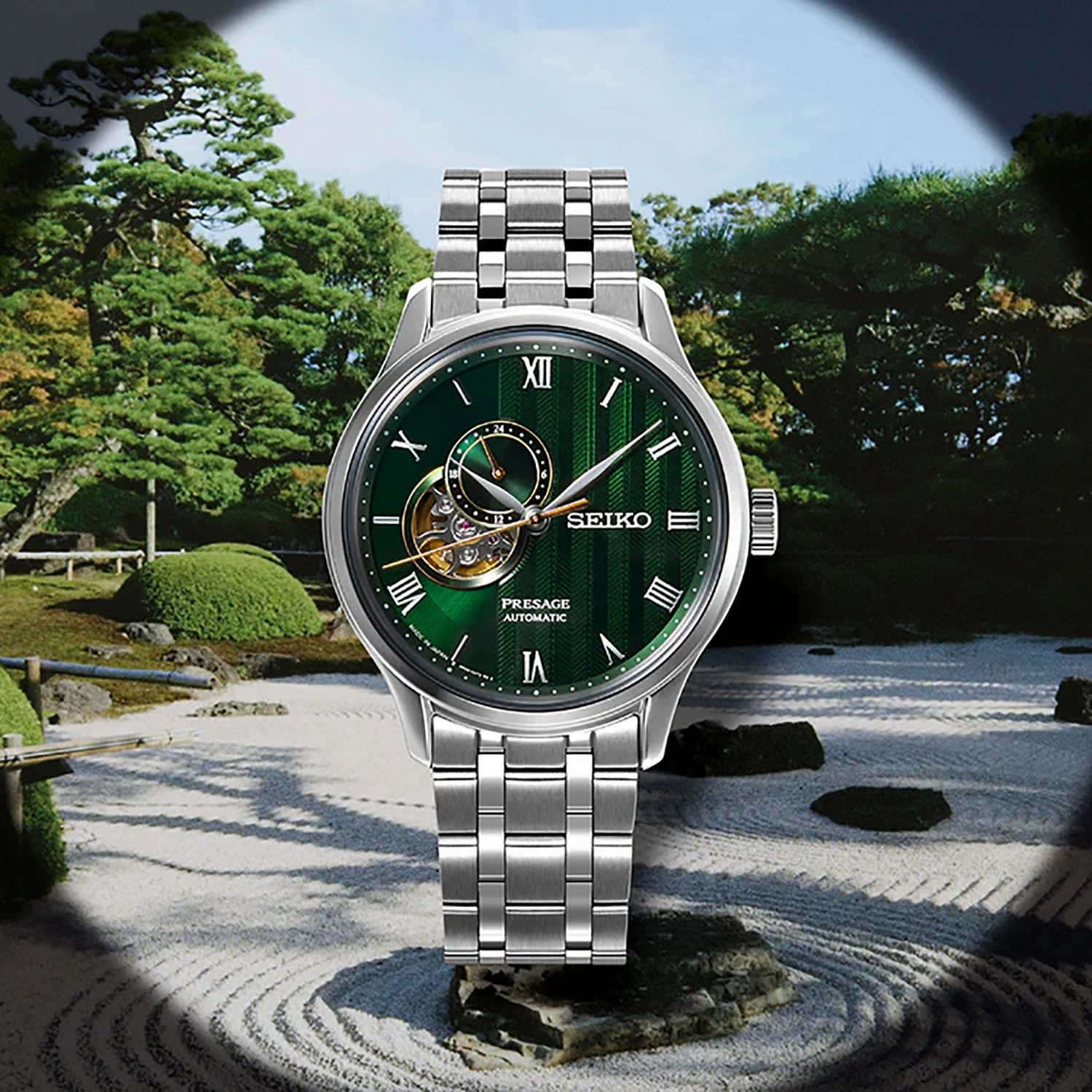 Presage Japanese Zen Garden Men Automatic Green Dial Analog Stainless Steel Watch SSA463J1