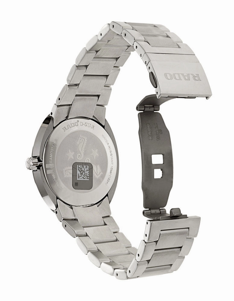 Rado D-Star XL Ceramos Quartz Analog Light Silver Dial Date Steel Men's Dress Watch R15943123