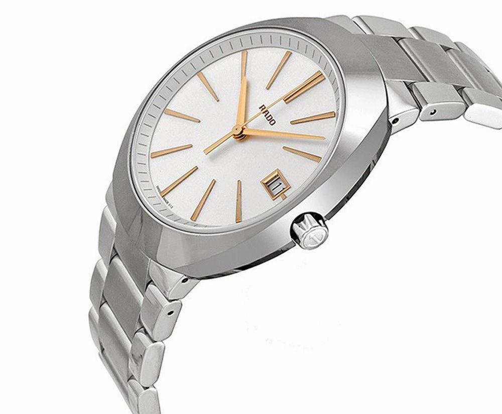 Rado D-Star XL Ceramos Quartz Analog Light Silver Dial Date Steel Men's Dress Watch R15943123
