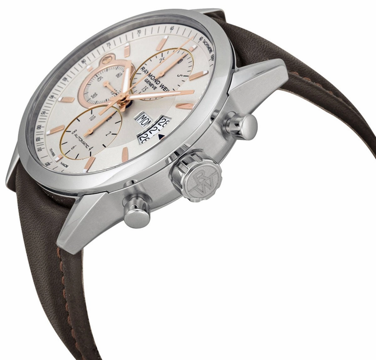 Raymond Weil Freelancer Automatic Chronograph Stainless Steel Silver Dial Brown Leather Day/Date Mens Watch 7730-STC-65025
