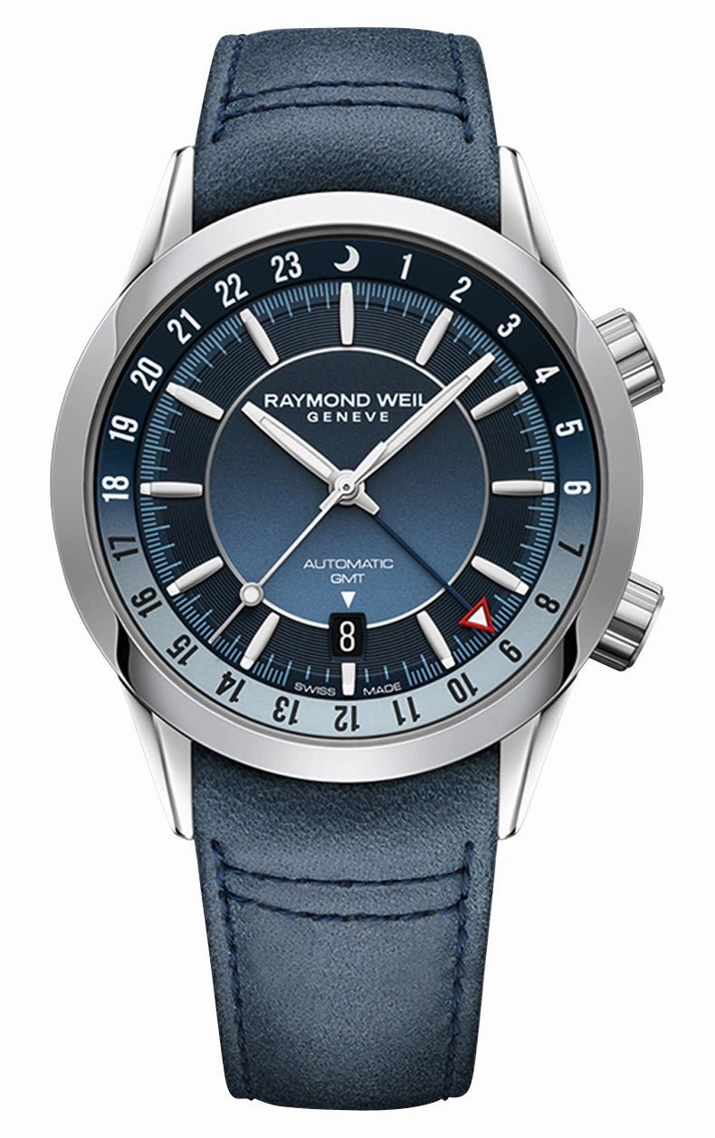 Raymond Weil Freelancer GMT Automatic Stainless Steel Blue Dial Blue Leather Strap Date Mens Watch 2761-STC-50001