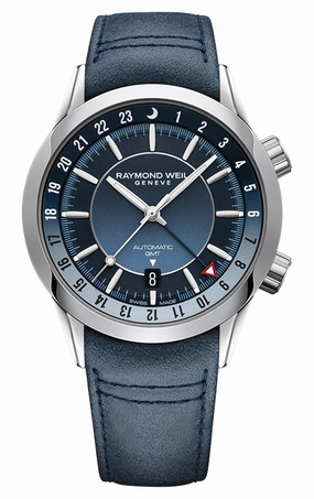 Raymond Weil Freelancer GMT Automatic Stainless Steel Blue Dial Blue Leather Strap Date Mens Watch 2761-STC-50001