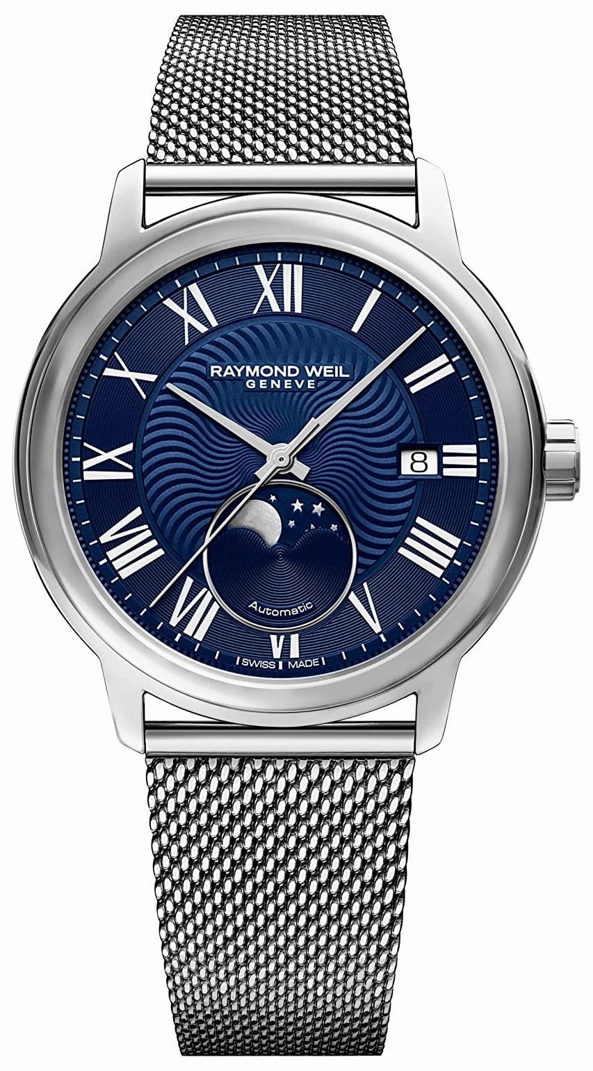 Raymond Weil Maestro Automatic Stainless Steel Mesh Blue Dial Moonphase Date Mens Watch 2239M-ST-00509