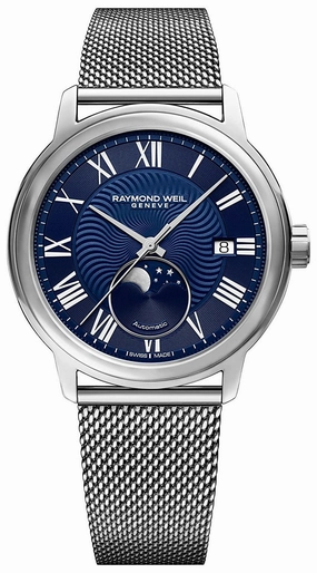 Raymond Weil Maestro Automatic Stainless Steel Mesh Blue Dial Moonphase Date Mens Watch 2239M-ST-00509