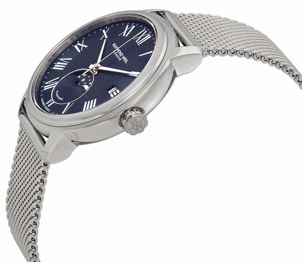 Raymond Weil Maestro Automatic Stainless Steel Mesh Blue Dial Moonphase Date Mens Watch 2239M-ST-00509