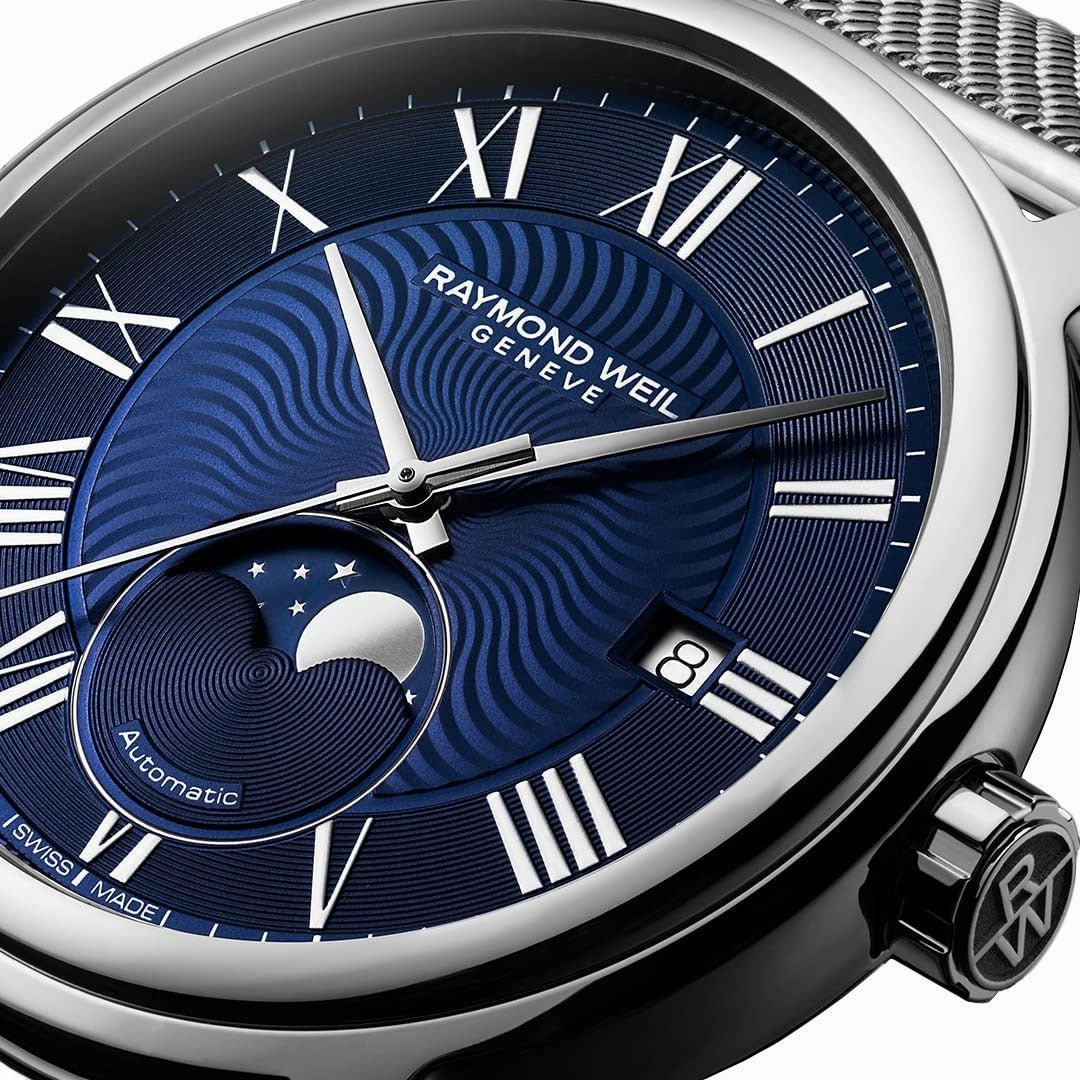 Raymond Weil Maestro Automatic Stainless Steel Mesh Blue Dial Moonphase Date Mens Watch 2239M-ST-00509