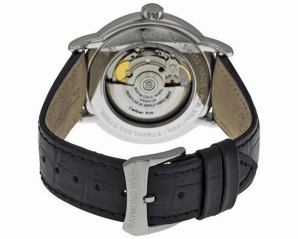 Raymond Weil Maestro Automatic Steel Black Leather Mens Strap Watch Silver Dial 2827-STC-65001