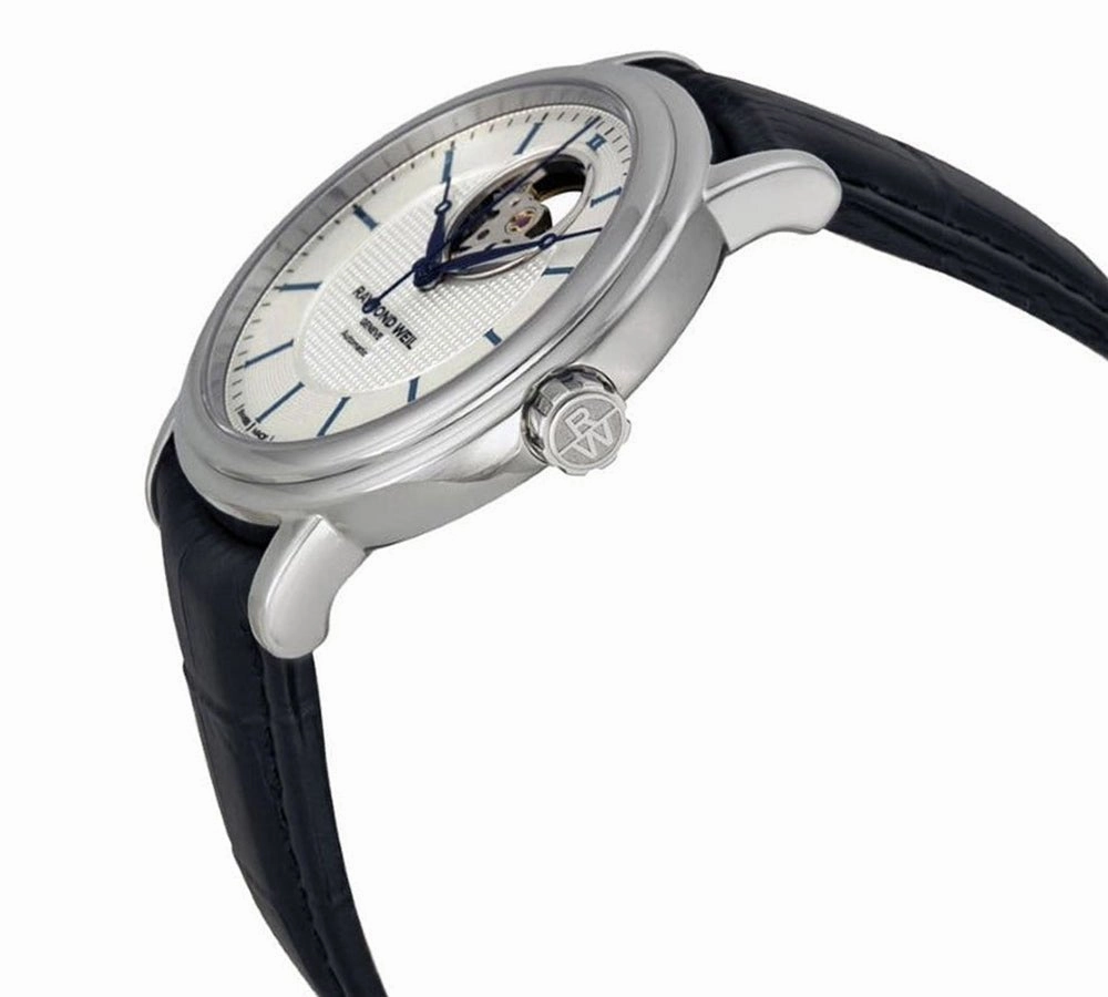 Raymond Weil Maestro Automatic Steel Black Leather Mens Strap Watch Silver Dial 2827-STC-65001