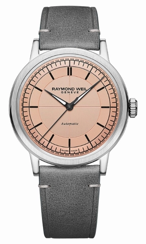 Raymond Weil Millesime Automatic Stainless Steel Pink Dial Gray Leather Strap Mens Watch 2925-STC-80001