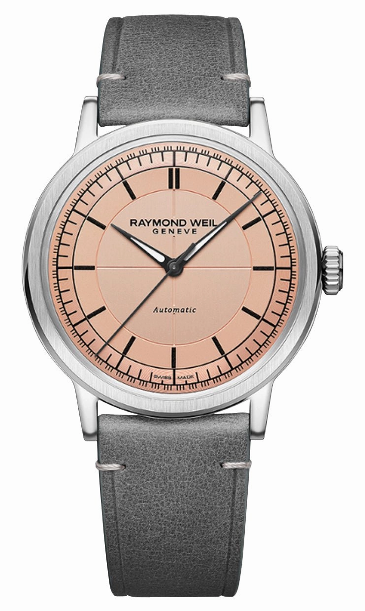 Raymond Weil Millesime Automatic Stainless Steel Pink Dial Gray Leather Strap Mens Watch 2925-STC-80001