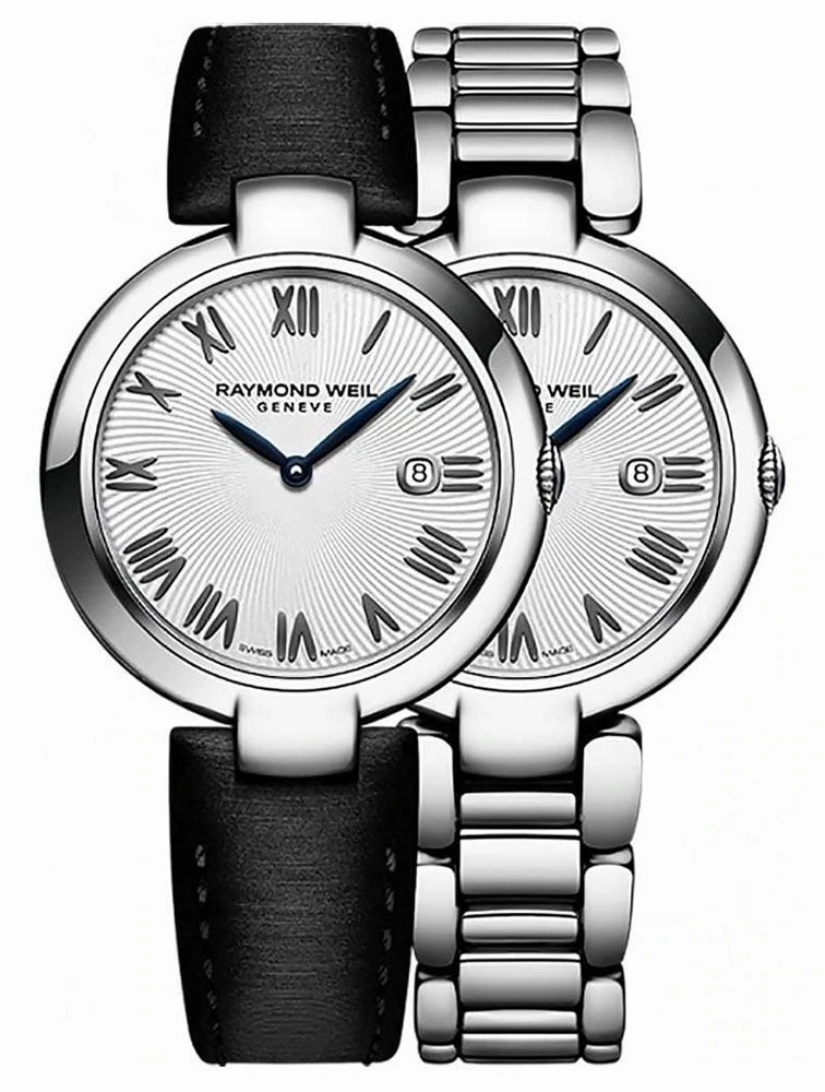 Raymond Weil Shine Stainless Steel Silver-Tone Dial Interchangeable Black Satin Strap Date Quartz Womens Watch 1600-ST-00659