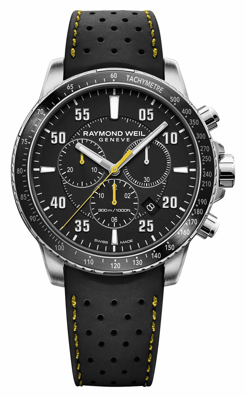 Raymond Weil Tango Chronograph Stainless Steel Black Dial Black Rubber Strap Date Divers Quartz Mens Watch 8570-SR2-05207