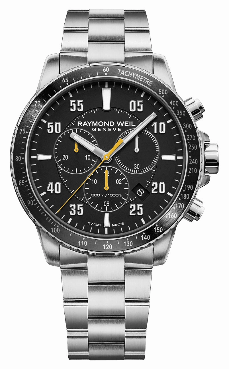 Raymond Weil Tango Chronograph Stainless Steel Black Dial Date Divers Quartz Mens Watch 8570-ST2-05207