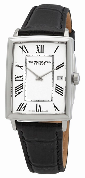 Raymond Weil Toccata Stainless Steel White Dial Black Leather Strap Date Quartz Mens Watch 5425-STC-00300
