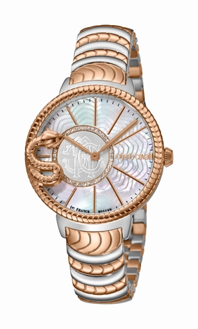 Roberto Cavalli Ladies White mop  Dial Stainless Steel Watch