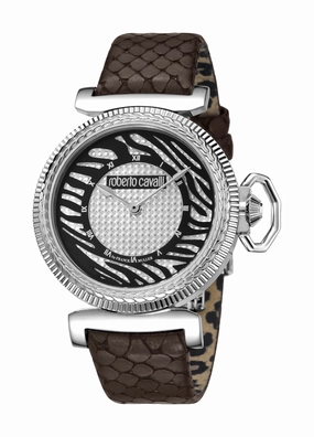 Roberto Cavalli:Womens silver dial brown leather watch