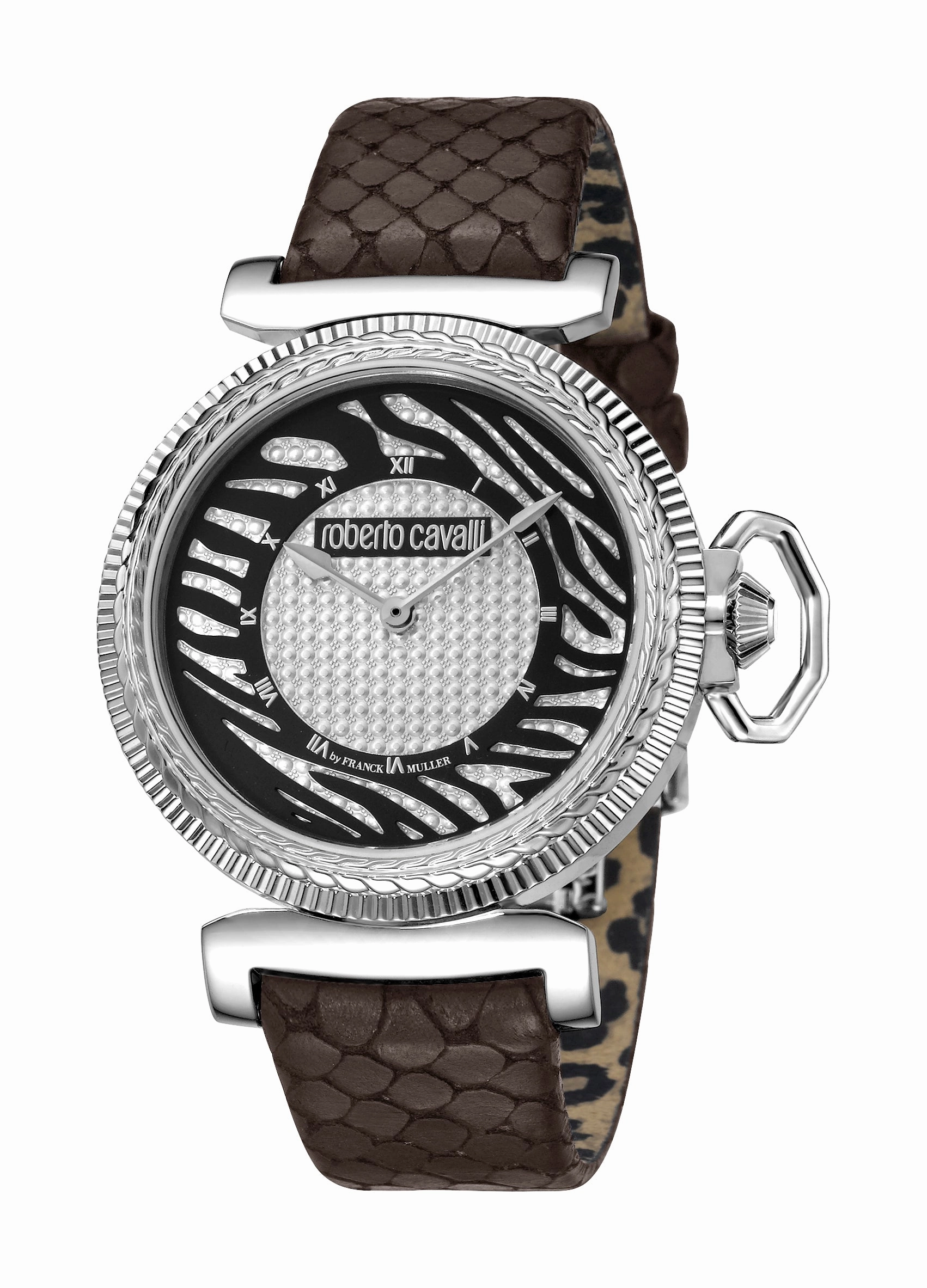 Roberto Cavalli:Womens silver dial brown leather watch