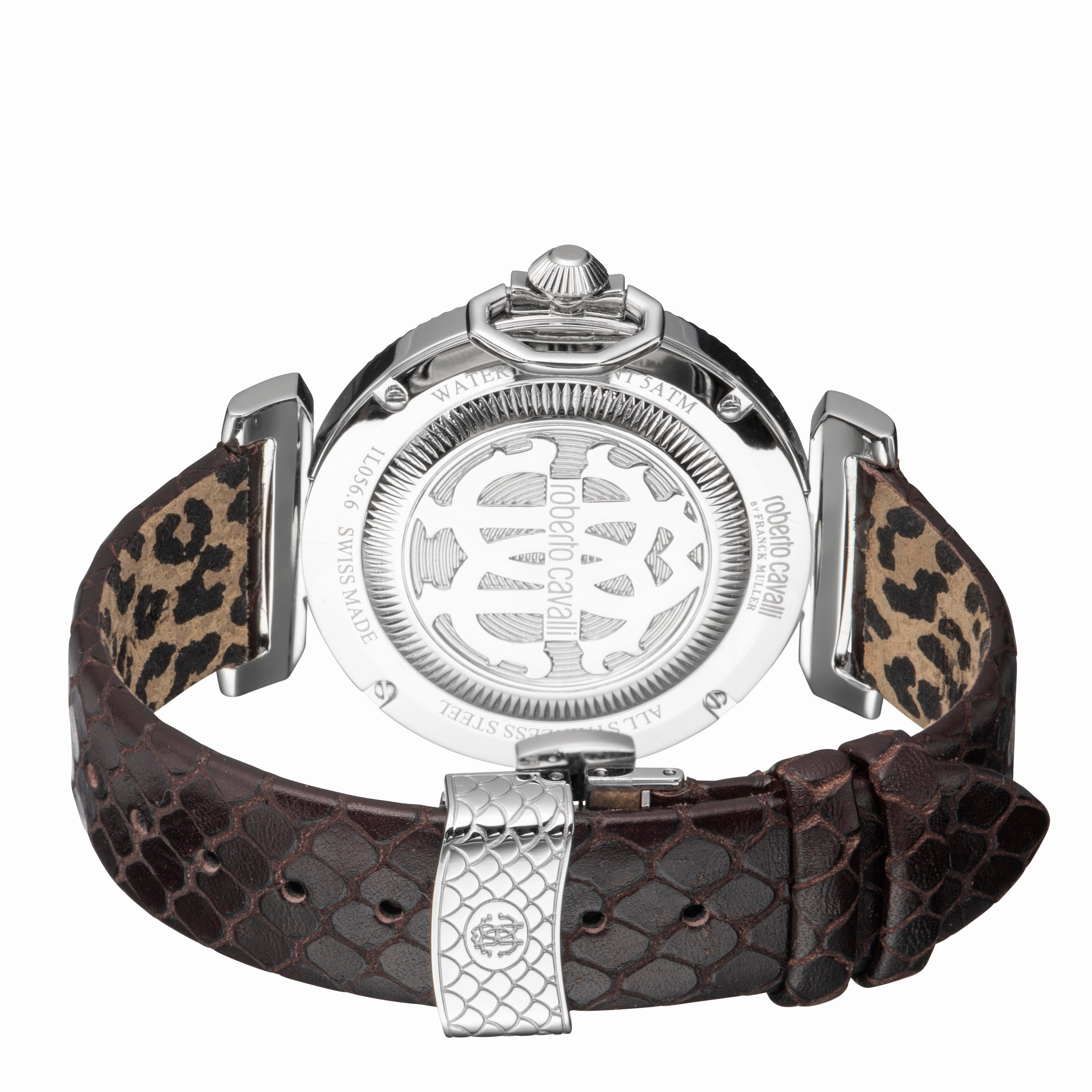 Roberto Cavalli:Womens silver dial brown leather watch