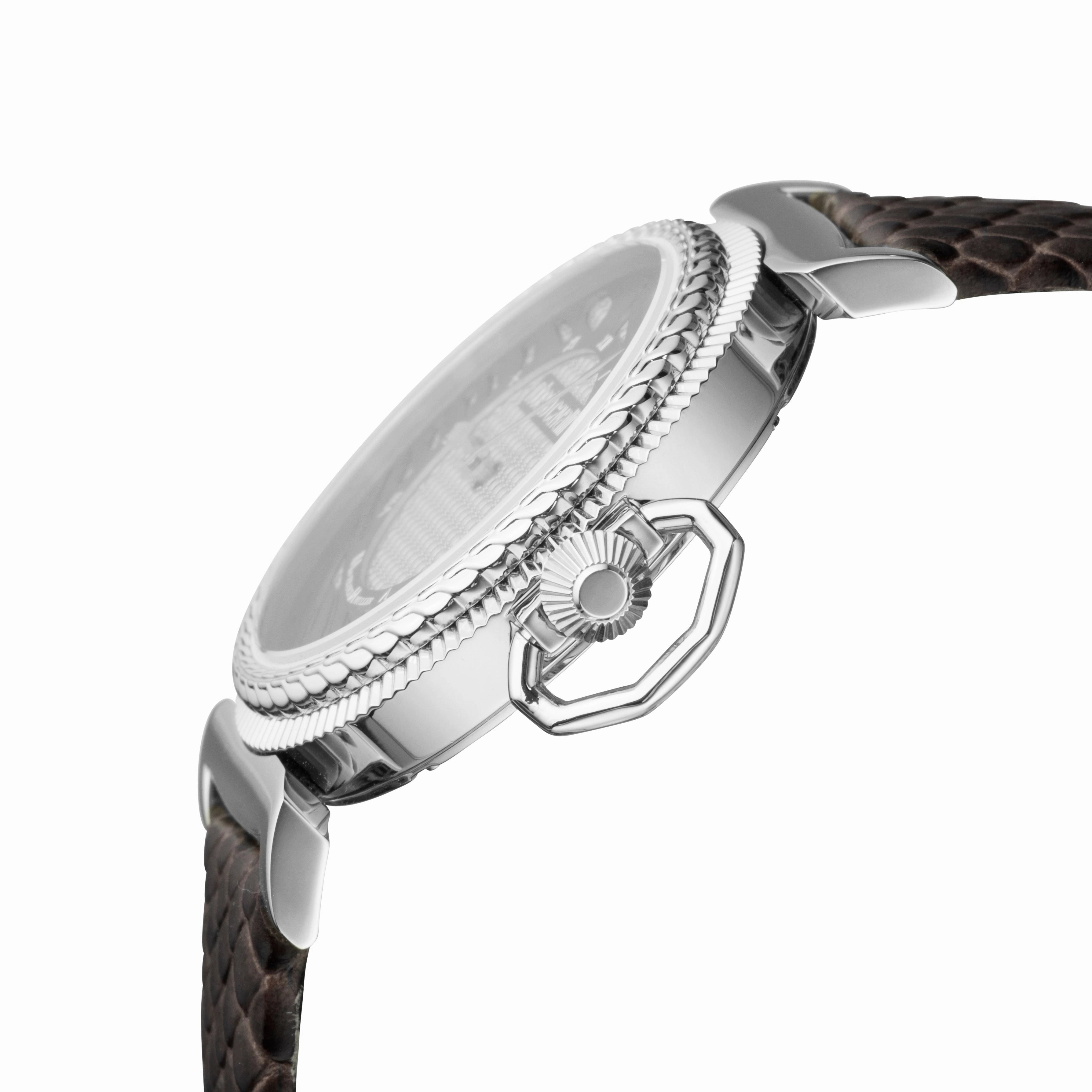 Roberto Cavalli:Womens silver dial brown leather watch