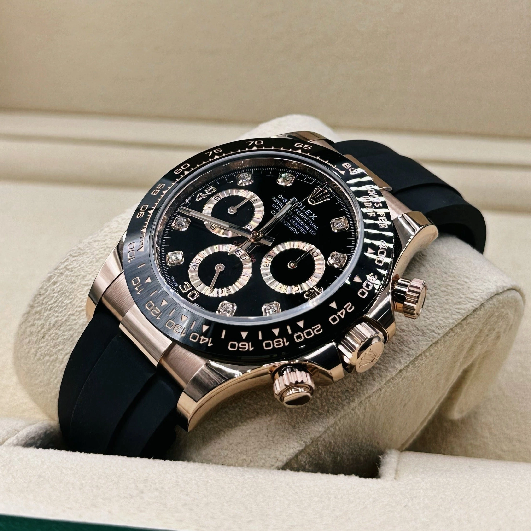 Rolex Cosmograph Daytona 40mm - Ref: 116515ln - Black Diamond Dial & Ceramic Bezel, 18K Rose Gold Case Black Oysterflex Bracelet Men's Watch